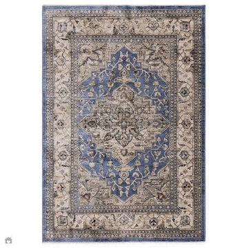 Sovereign Traditional Persian Vintage Distressed Shimmer Medallion Border Soft-Touch Ribbed Textured Polyester Low Profile Short Pile Fringe Blue/Beige/Grey/Charcoal/Multi Rug-Asiatic Carpets-Rug Love - The Most Loved Rug Store